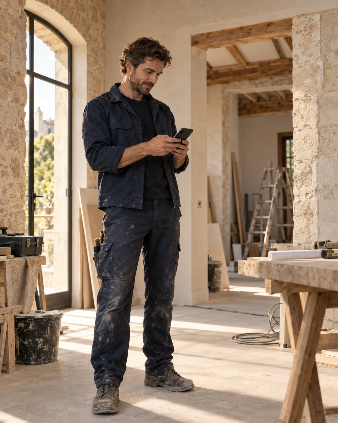 Illustration d’un artisan qui consulte son téléphone sur un chantier de rénovation.